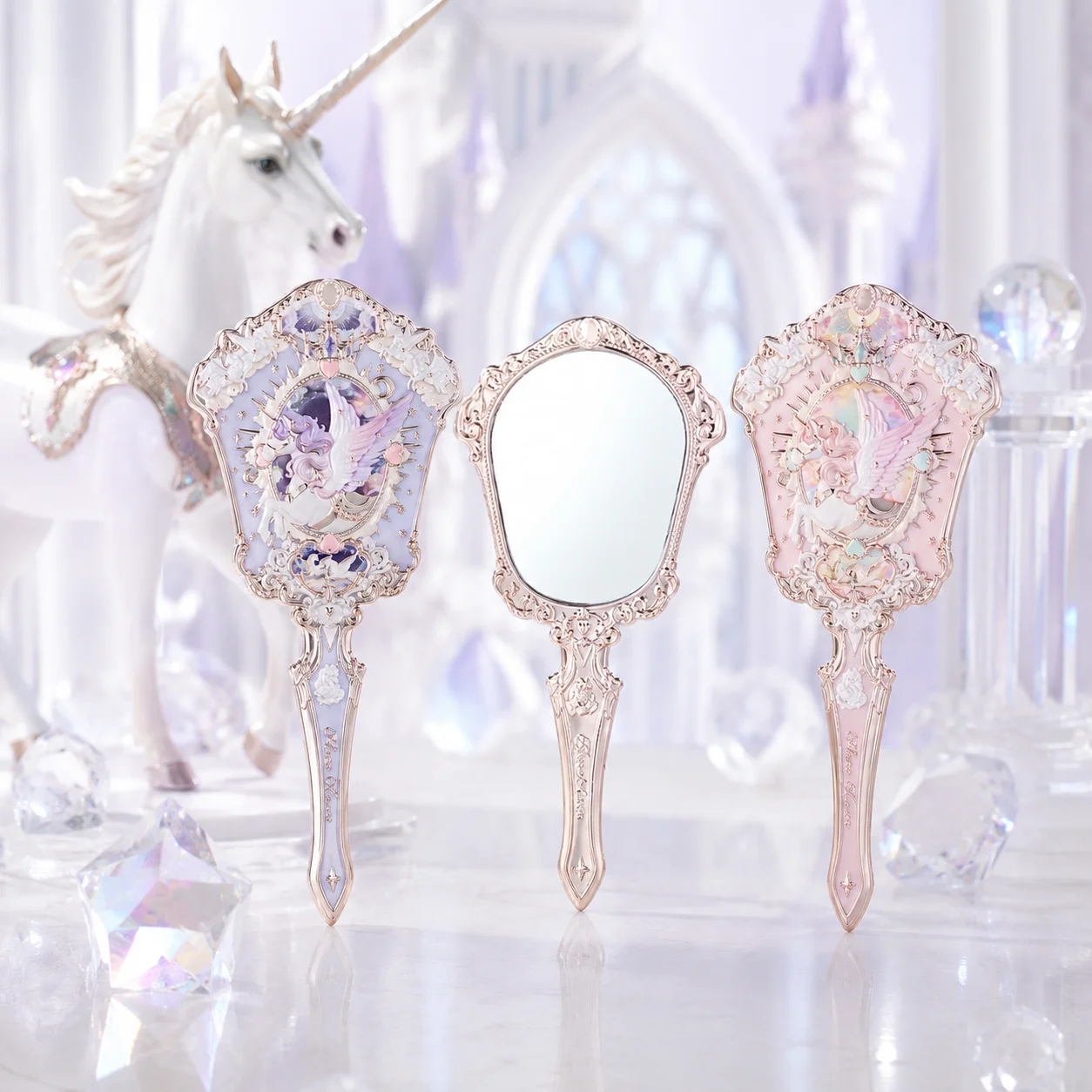 Flower Knows Schminkspiegel Ritter Einhorn Kleine Engel Mondlicht Meerjungfrau Kollektion Handspiegel Limitierte Edition Tragbarer Süßer Kosmetikspiegel Geschenk Weiß Blau Rosa