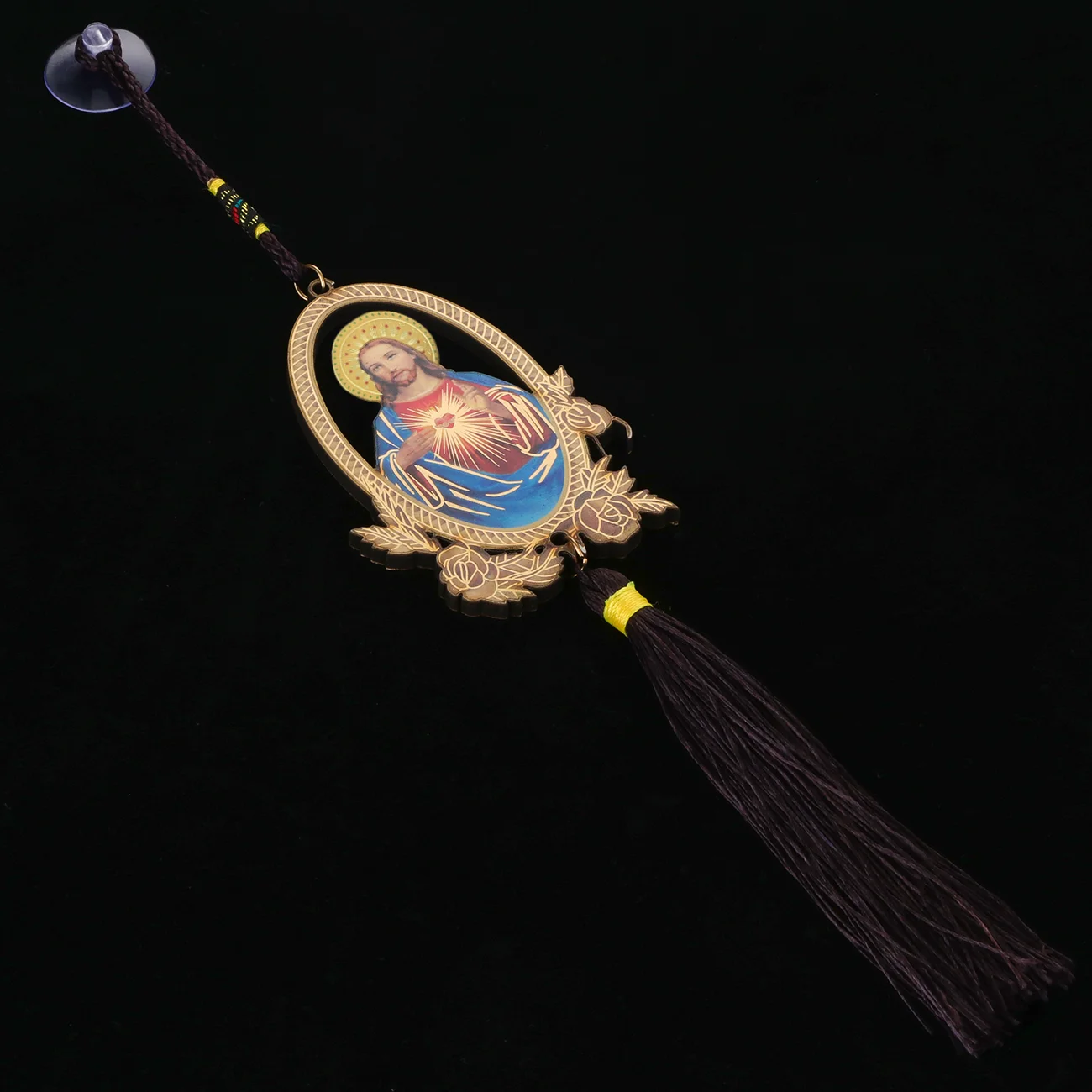 Christlicher hölzerner geschnitzter heiliger Jesus-Herz-Anhänger, gesegnete Quaste, Fransen, Auto, zum Aufhängen für Schlüssel, Ornament, Schmuckzubehör Image