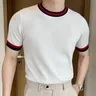 2023 O-Ausschnitt gestreckt Herren T-Shirt Patchwork Farbstreifen Slim Fit gestrickt T-Shirt homme