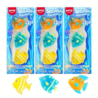 3packs, Amos 4d Gummy Fish Candy, Tropical Fish Shaped Fruity Snacks For Kids, Orange & Pineapple & Blueberry Flavor, 1.06oc