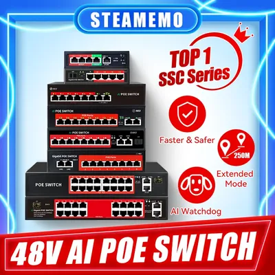 STEAMEMO-SSC Series POE Switch 4/6/8/16/24 Port, Active POE for IP Cameras, Wireless AP Switch,