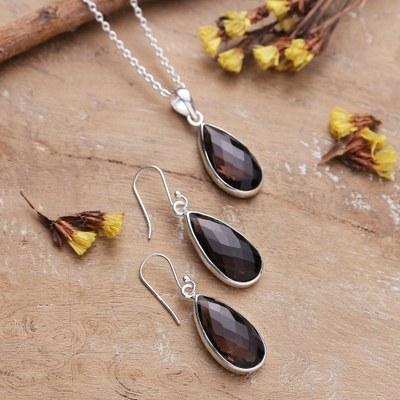 Evening Chic,'Smoky Quartz 925 Silver Necklace and Earrings Jewelry Set'