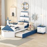 3-Piece Bedroom Set: Twin Size Boat-Shaped Platform Bed with Trundle, Two Nightstands - White & Blue