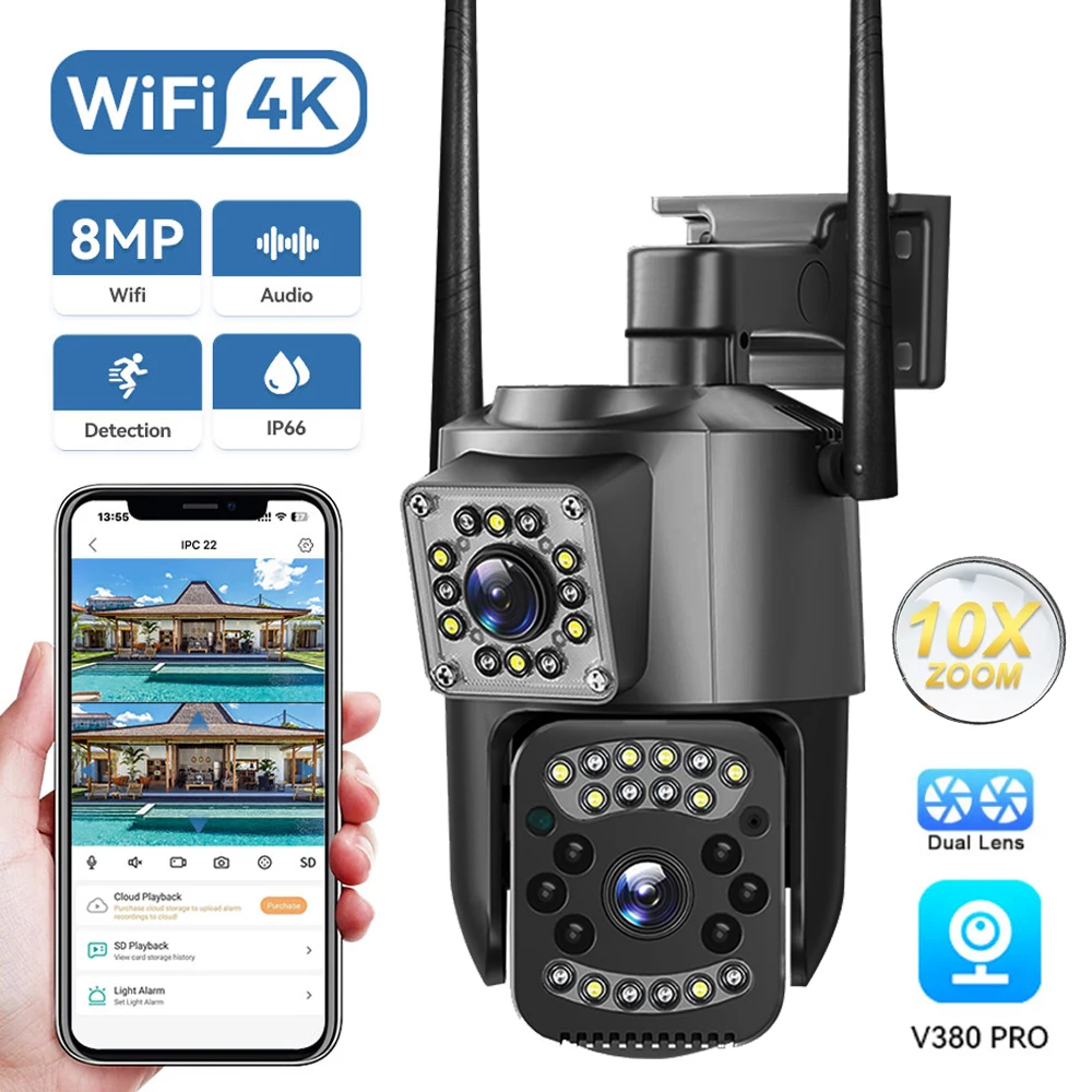 4K 8MP Dual Lens WiFi IP Kamera Nachtsicht Ai Menschliche Erkennung PTZ Outdoor Video Camara Wireless V380 Pro CCTV Sicherheit Schutz Image