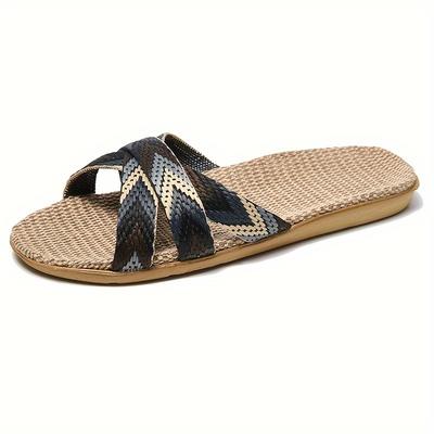 TEMU Women's Striped Linen Slippers - Summer Fashion, Comfortable Indoor/outdoor Flats With Eva Sole, 515 Image