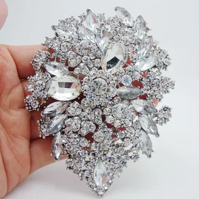 Bridal Romantic Fashion Clear White Crystal Rhinestone Dual Droplets Flower Art Nouveau brooch pins