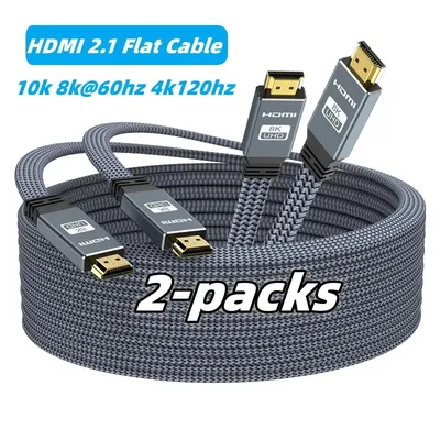 2-Pack 8K HDMI Flat Cable 48Gbps High Speed 8K60 4K144Hz Braided HDMI 2.1 Cord 3D eARC HDCP 2.2&2.3