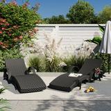 Outdoor Wicker Chaise Lounge Chairs Set of 2 Patio Rattan Reclining Chair Pull-out Side Table Adjustable Backrest Ergonomic Wave Design Pool Sunbathing Recliners Black