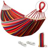 Hammock for Single Person Garden Canvas Hammock Portable Hammock with Hanging Ropes & Carry Bag & Wood Stick for Camping Outdoor/Indoor Patio Backyard Rainbow Stripes