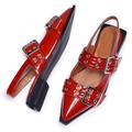 Women Ballet Flats Pumps,Red Pointed Toe Metal Buckle Gothic Mary Jane Shoes,Casual Slingback Ballerina Patent Leather Shoes,Red,3.5 UK