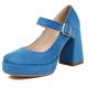 Women Block Heel Mary Jane Shoes Square Toe High Heel Shoes Buckle with Platform Fashion Party Shoes A75943EP Blue Size 6 UK/40