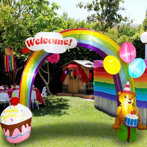 10ft Geburtstags bogen aufblasbare Dekorationen Regenbogen Geburtstags torte mit Teddybär Feuerzeug