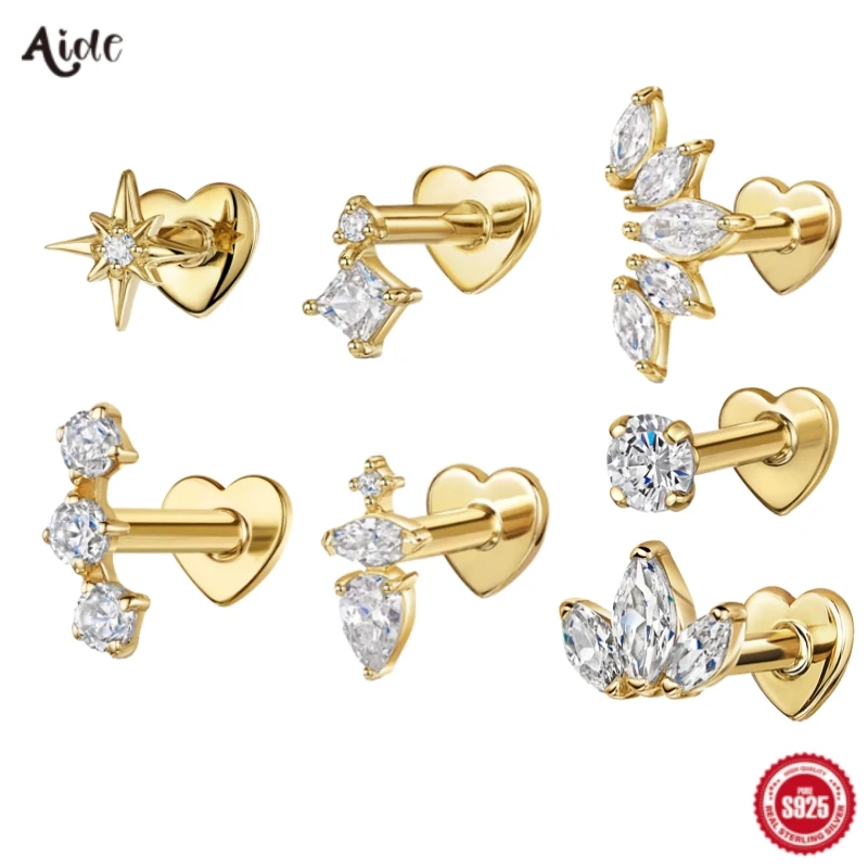 Aide 925 Sterling Silber Herz Flache Push-Back Zirkon Pendiente Piercing Ohrstecker Für Frauen K Gold Einfache Elegante Schmuck