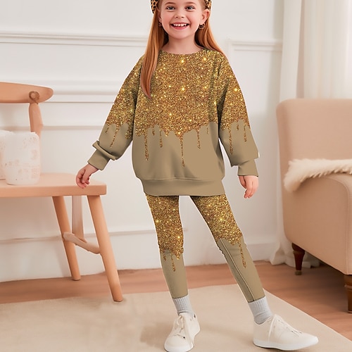 Mädchen 3D Farbverläufe Set aus Sweatshirt und Leggings Set Langarm 3D-Druck Herbst Winter Aktiv Modisch Täglich kinderkleidung 4 Jahre Rundhalsausschnitt Outdoor Urlaub Verabredung Regular Fit Image