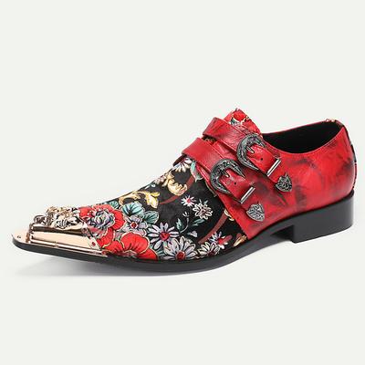 Men's Red Leather Floral Embroidered Double Monk Strap Shoes with Metallic Toe Detail