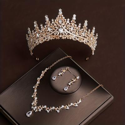 3pcs Rhinestone Wedding Accessories Set Rhinestone Crown Necklace Earrings Set Exquisite Jewelry Wedding Accessories