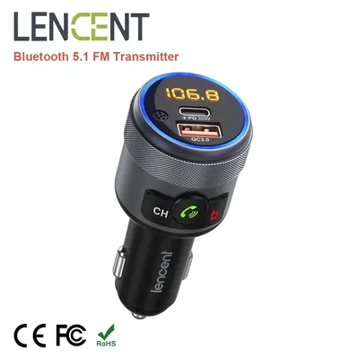 LENCENT FM Transmitter Car Bluetooth 5.1 Modulator WithType C PD 20W and QC3.0 18W Car Fast Charger