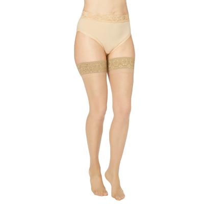 Plus Size Women's Silky Sheer Lace Top Thigh High Stockings by MeMoi in City Beige (Size 1X-2X)