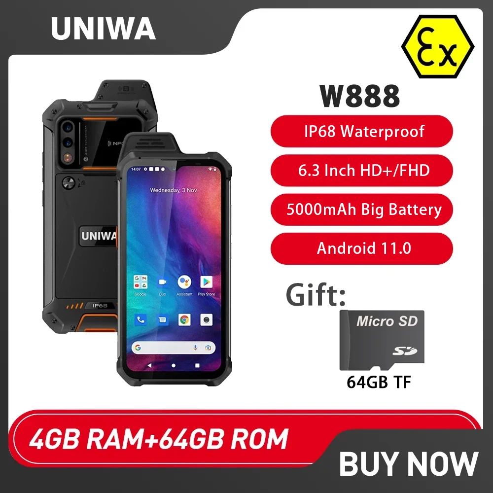 UNIWA W888 ATEX Explosion Unzerstörbares wasserdichtes Mobiltelefon 4 GB + 64 GB 5000 mAh Walkie Talkie PTT Smartphone Andriod 11 NFC Image