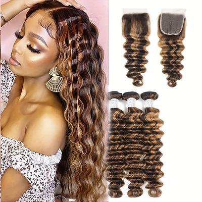 TEMU 4/27 Deep Wave Bundles With Closure Brazilian Wavy 4/27deep Wave Bundles With Closure Brazilian Wavy 100% Human Hair 4/27 Color Image