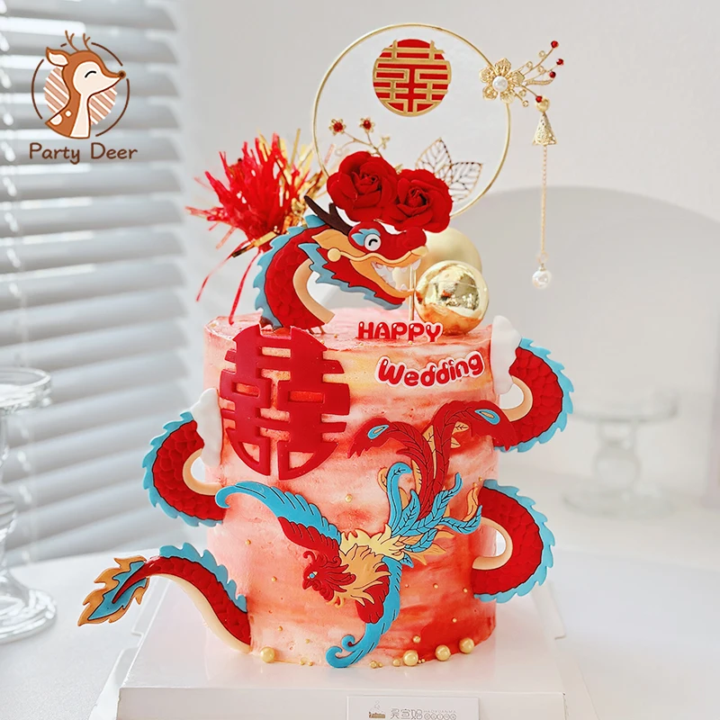 Chinese dragon and phoenix wedding double happiness dessert table baking cake decoration wedding style engagement wedding Gifts