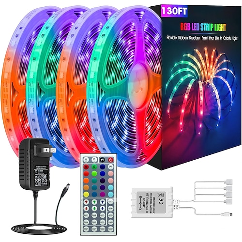 RGB-LED-Lichtstreifen-Set, 10–40Meter (32,8–130Fuß), flexible LED-Lichtstreifen, 5050 RGB-SMD-LEDs, IR-44-Tasten-Controller mit Installationspaket und 12-V-Adapterset Image