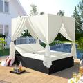 Putouzip 2-Seats Outdoor Patio Conversation Furniture Set Poolside Wicker Rattan Sunbed Daybed with Cushions Adjustable Seats 4-Sided Canopy and Overhead Curtain Sun Lounger (Beige)
