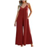 Flowy Jumpsuits for Women Summer 2024 Ladies Casual Spaghetti Strap V Neck Sleeveless Wide Leg Romper Playsuit (Small Red)