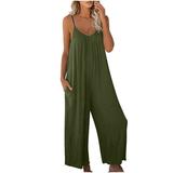 Summer Spaghetti Strap Jumpsuits for Women Trendy Sleeveless V Neck Pleated Wide Leg Casual Romper Playsuits (X-Large Army Green)