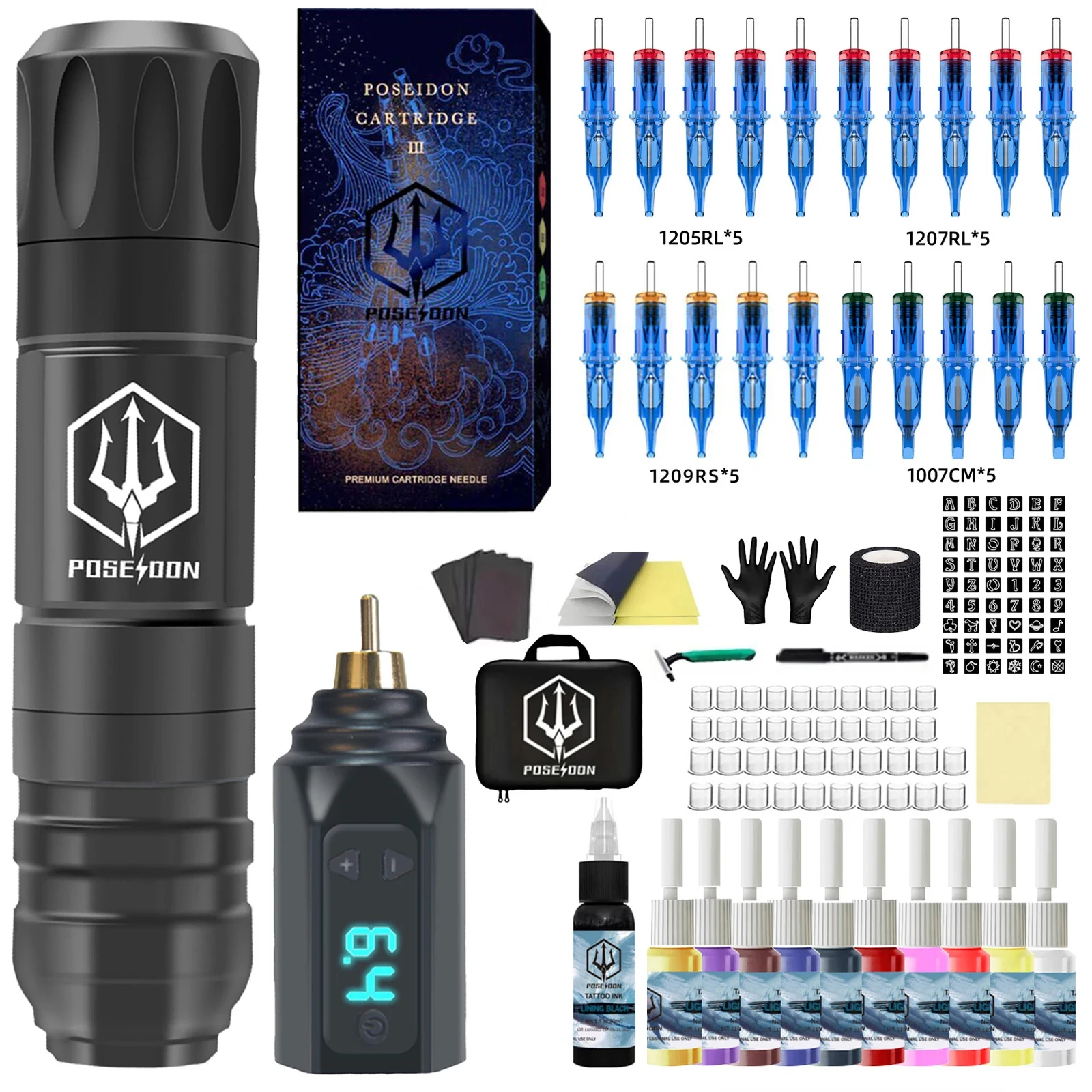 POSEIDON Tattoo Gun Kit Tattoo Supplies Makeup Komplettes Tattoo Pen Kit Professionelles Tattoo Kit Wireless Power Tattoo Machine Kit Image