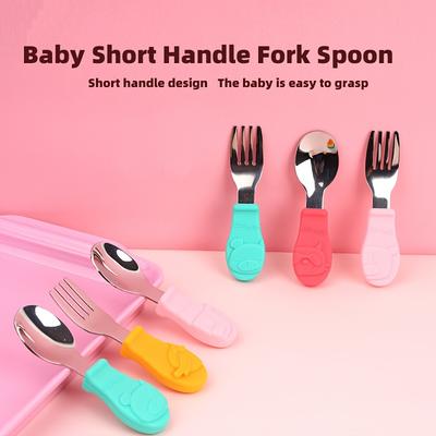 Baby Self-feeding Spoon, Food Supplement Spoon, Learning Training Spoon, Children Silicone Stainless Steel Fork Spoon, Baby Short Handle Self-feeding Training Spoon