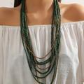 1pc Collier Multicouche De Style Bohémien, Perles En Bois Vertes Et Perles En Verre Collier Exagéré Pour Filles