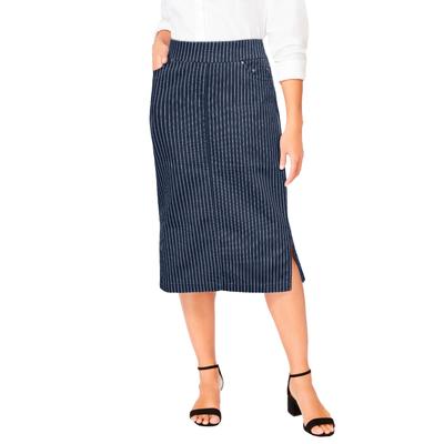 Plus Size Women's Comfort Waist Stretch Denim Midi Skirt by Jessica London in Navy Simple Pinstripe (Size 20) Elastic Waist Stretch Denim