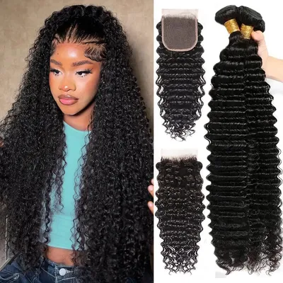 Deep Wave Bundles With Closure Brazilian Virgin Human Hair 3 Bundles With 4x4 Lace Closure for Black