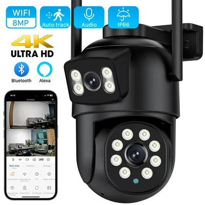 4K 8MP 4X Digital Zoom PTZ WIFI IP Camera with Dual Lens Dual Screen 4MP HD Auto Tracking CCTV