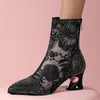 Luxus Kristall Spitz Mode Stiefel Frauen Starke Ferse Zipper Damen Party Schuhe Schwarz Weiß Spitze Mesh Sexy Weibliche Ankle Boot