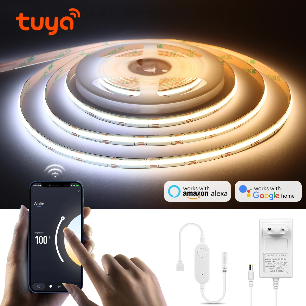 Tuya Smart WiFi Schalter COB CCT LED Streifen Licht 3M 5M 24V Power Adapter EU/Us-stecker Dimmbare Lampe LED Band für Zimmer Küche Dekor Image