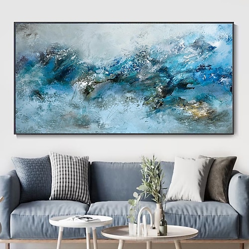 handgefertigtes Ölgemälde auf Leinwand, Wandkunst, Dekoration, moderne abstrakte Textur, blaue Berglandschaft für Zuhause, Wohnzimmer, Dekor, gerolltes, rahmenloses, ungedehntes Gemälde Image