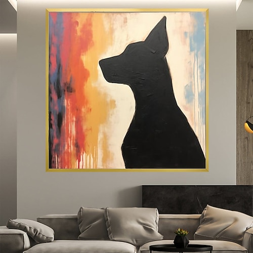 handgemaltes abstraktes Ölgemälde mit Hundesilhouette, handgemaltes großes Hundegemälde, schwarz-weiße Hundegemälde auf Leinwand, bildende Kunst, Wanddekoration, Ölgemälde für Wohnzimmer, Image