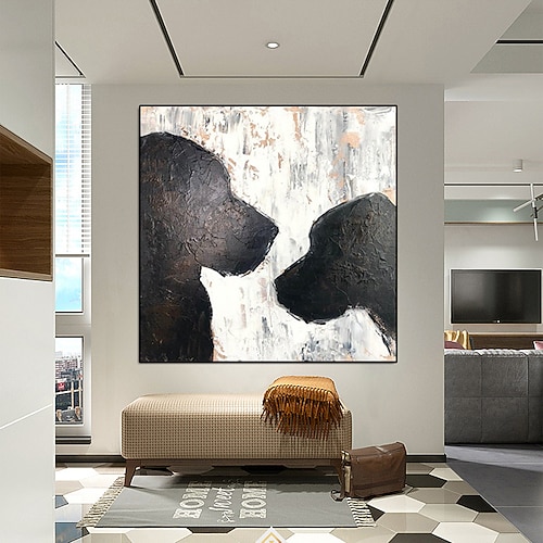 handgemaltes abstraktes Ölgemälde mit Hundesilhouette, handgemaltes großes Hundegemälde, schwarz-weiße Hundegemälde auf Leinwand, bildende Kunst, Wanddekoration, Ölgemälde für Wohnzimmer, Image