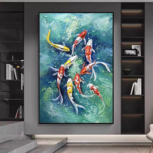 Mintura handgefertigte Ölgemälde mit Koi-Karpfen auf Leinwand, Wandkunst, Dekoration, modernes abstraktes Fisch- und Tierbild für die Inneneinrichtung, gerolltes, rahmenloses, ungedehntes Gemälde Image