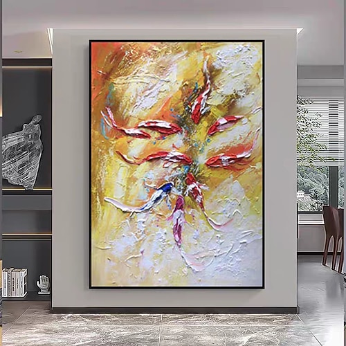 Mintura handgefertigte Ölgemälde mit Koi-Karpfen auf Leinwand, Wandkunst, Dekoration, modernes abstraktes Fisch- und Tierbild für die Inneneinrichtung, gerolltes, rahmenloses, ungedehntes Gemälde Image