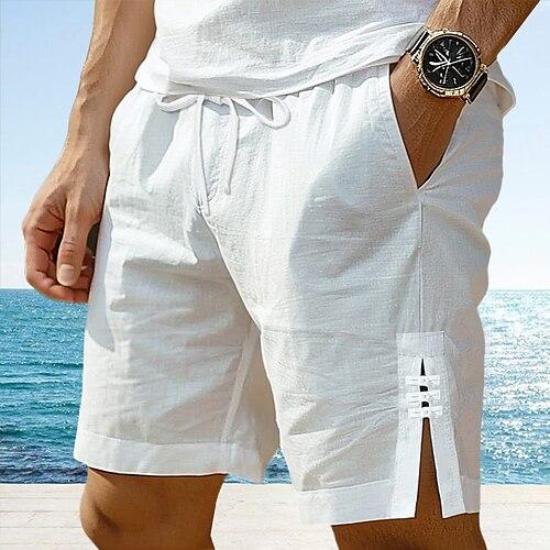 Herren Shorts Kurze Hosen Leinenshorts Kurze Hosen Sommer-Shorts Taste Gespleisst Vordertasche Glatt Komfort Atmungsaktiv Knielänge Party Outdoor Casual Modisch Basic Weiß Marineblau