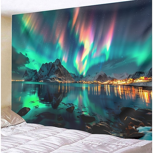 Aurora Nordlichter Wandteppich Wanddekoration großer Wandteppich Wanddeko Fotografie Kulisse Decke Vorhang Home Schlafzimmer Wohnzimmer Dekoration Wandtuch XXL Natur Image