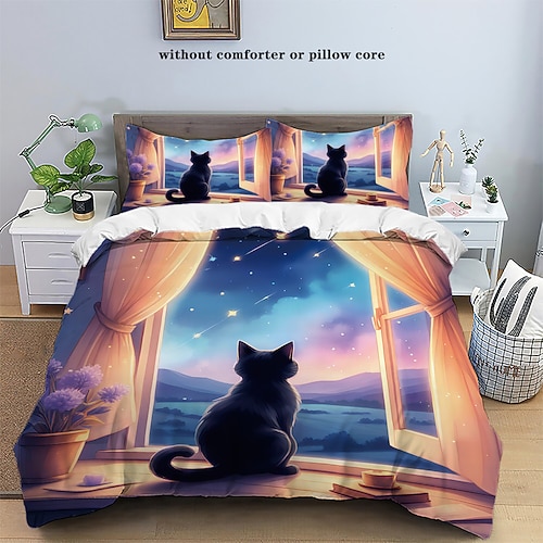 Sternenhimmel Schwarze Nachtkatze Bettbezug 3-teiliges Set Plüschtuch Leichtes und weiches Kurzflausch-Set für den Sommer Image