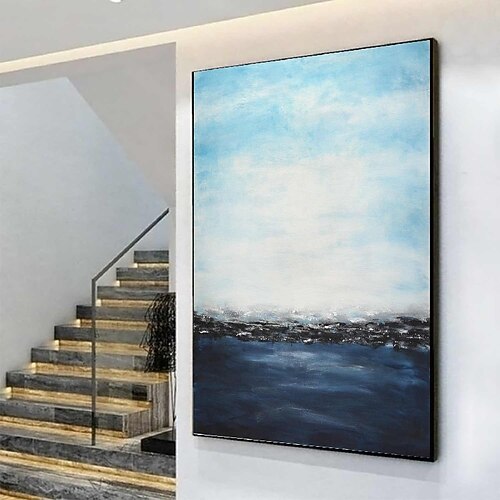 großes beiges und graues Gemälde, handgemalt, abstraktes Ölgemälde mit blauem Himmel auf Leinwand, handgemachte beige und graue Leinwand-Wandkunst, modernes Strukturgemälde für Wohnzimmer, Büro,