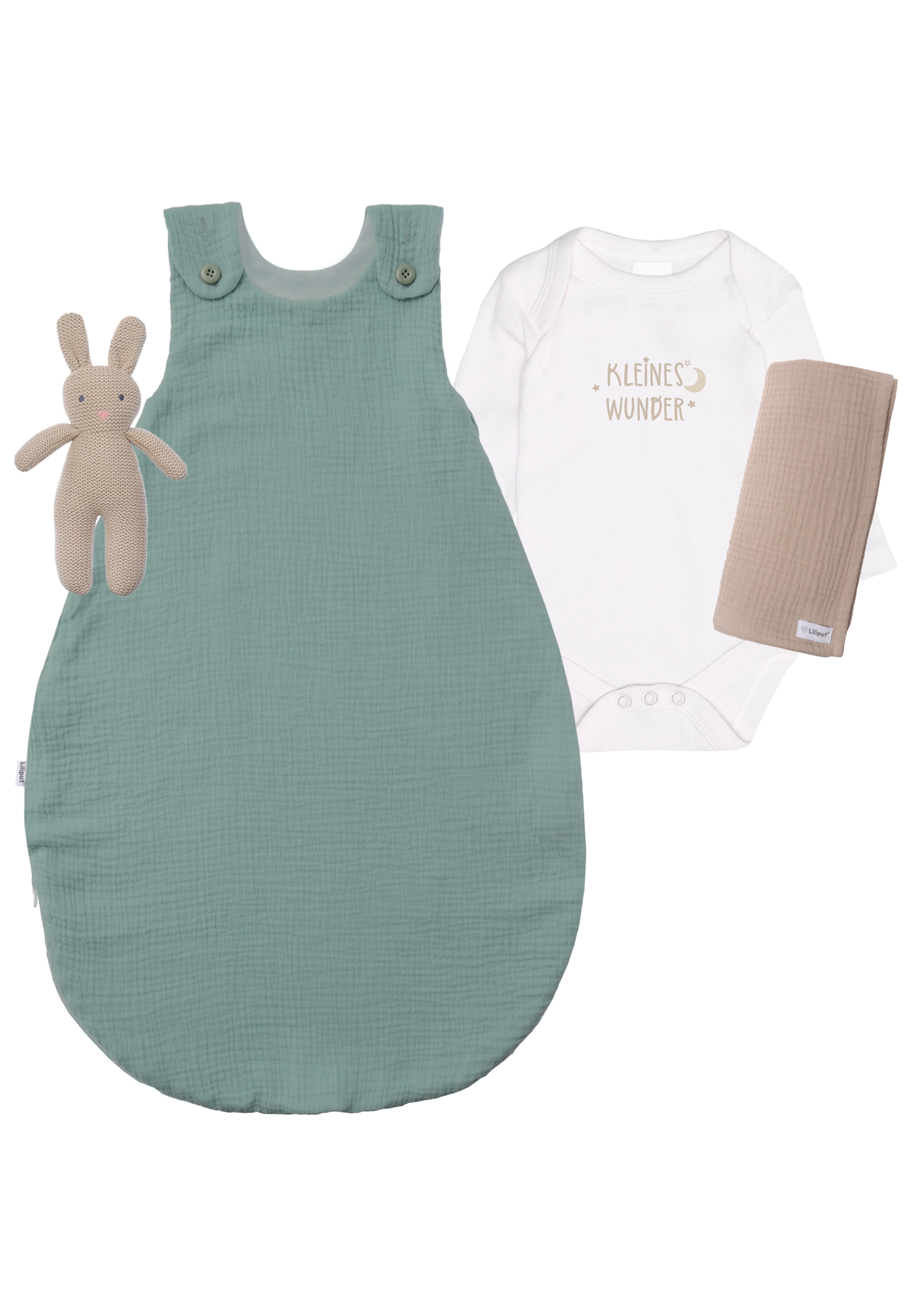 Erstausstattungspaket LILIPUT "Kleines Wunder", Baby, Gr. 44, grün (weiß, grün), 100% Baumwolle, KOB Set-Artikel, mit hochwertigem Musselinschlafsack Image