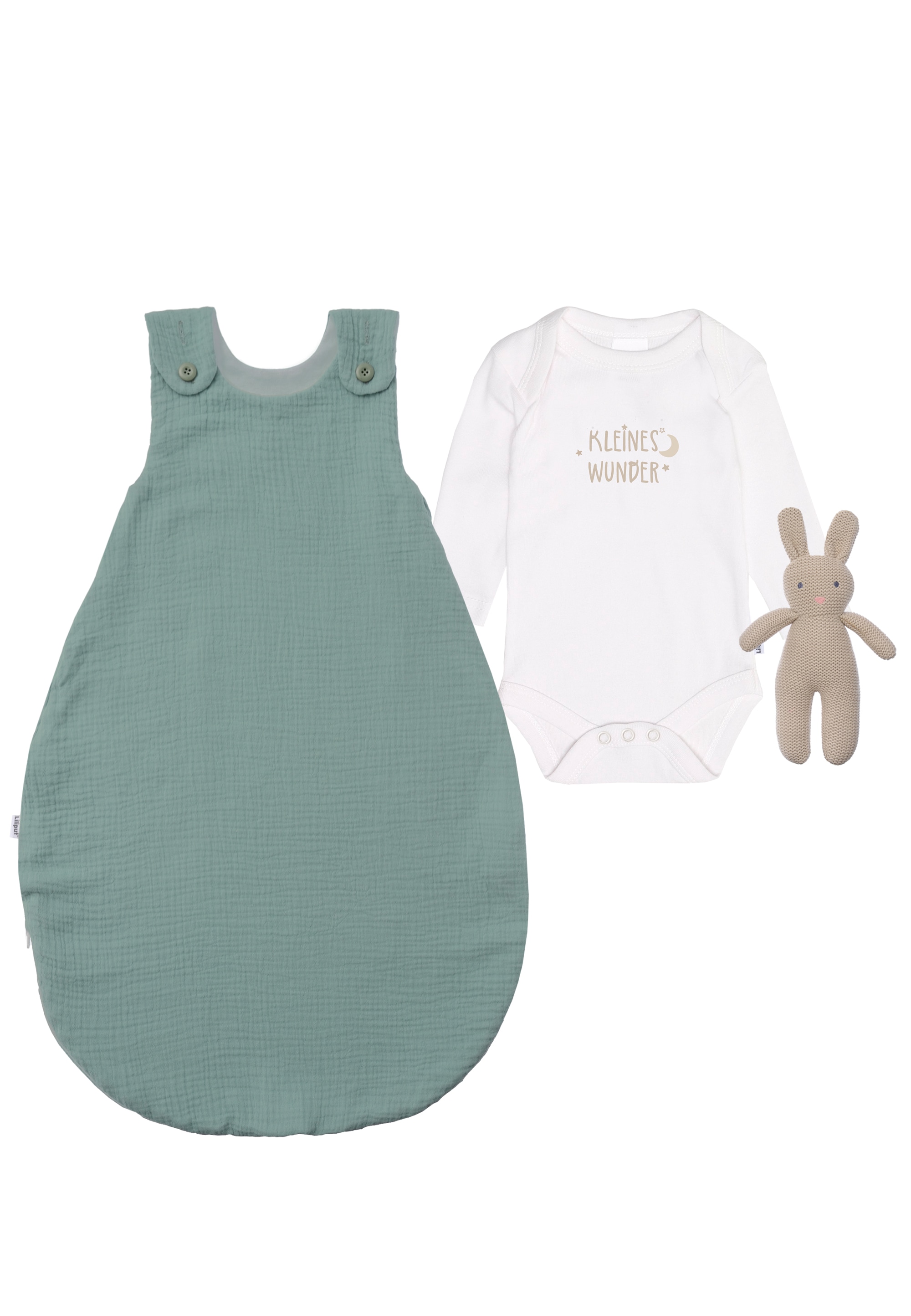 Erstausstattungspaket LILIPUT "Kleines Wunder", Baby, Gr. 44, grün (weiß, grün), 100% Baumwolle, KOB Set-Artikel, mit Body, Musselinschlafsack und Strick-Hasen Image