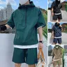 Men Hooded Top Shorts Set Men's Hooded T-shirt Wide Leg Shorts Set Solid Color Loose Fit Outfit with