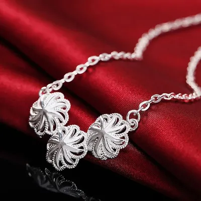 45cm 925 sterling Silver beautiful three flowers Pendant Necklace For Women Fashion Party Wedding